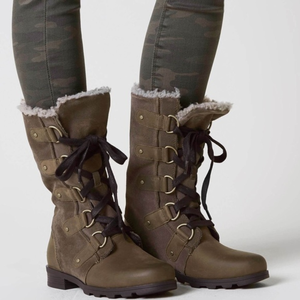 Sorel Emelie Combat Boots Major Brown Leather Shearling Size 7